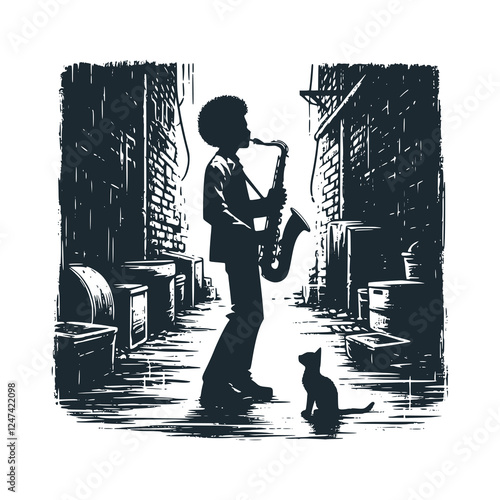 Black AfrobSaxophone Player with a Black Cat in Narrow Alley – Black and White Icon Vector and Illustration