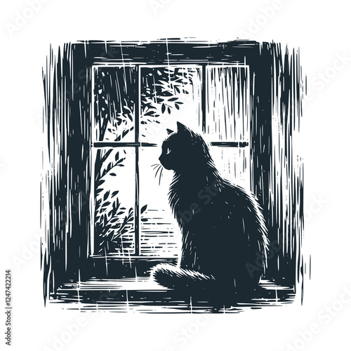 Lonely Cat Daydreaming by the Window – Black and White Icon Vector and Illustration