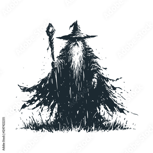 Male Wizard with Magic Staff and Traditional Robe – Black and White Icon Vector and Illustration