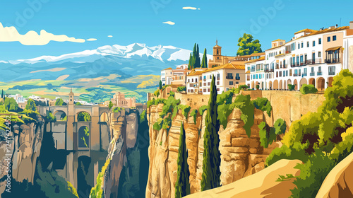 illustration, Cityscape of Ronda in Spain, touristic advertisement poster Beautiful city in the south of Spain, europe. Famous tourist must-see destination. High cliffs with houses. Famous bridge