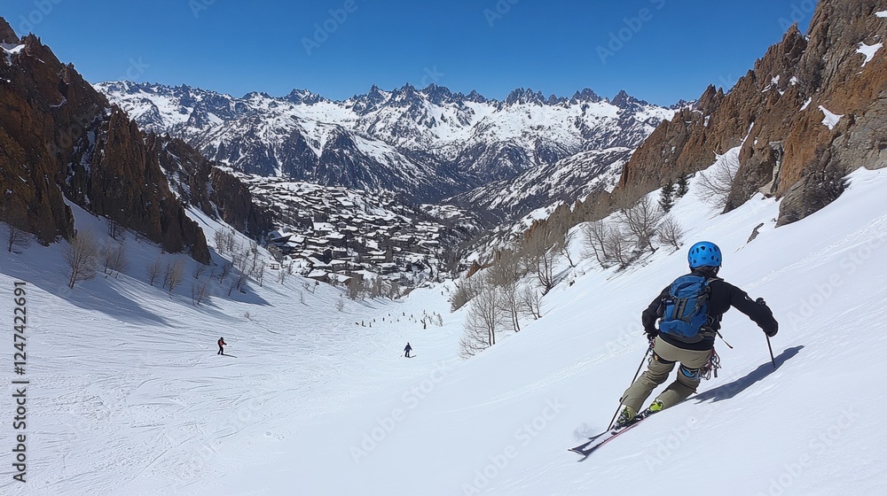 Skier Descending Snowy Slopes Surrounded by Majestic Mountains Under a Clear Blue Sky Skier Descending Snowy Slopes Surrounded by Majestic Mountains Under a Clear Blue Sky