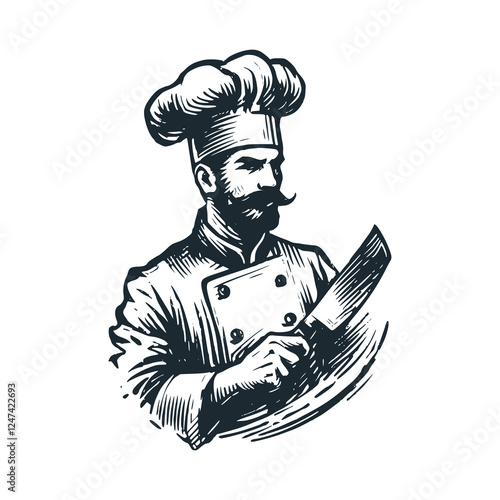 Mustached Chef Spinning His Butcher Knife – Black and White Icon Vector and Illustration
