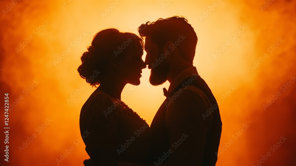 Romantic Prewedding Dance Silhouette of Couple against Warm Background at Sunset