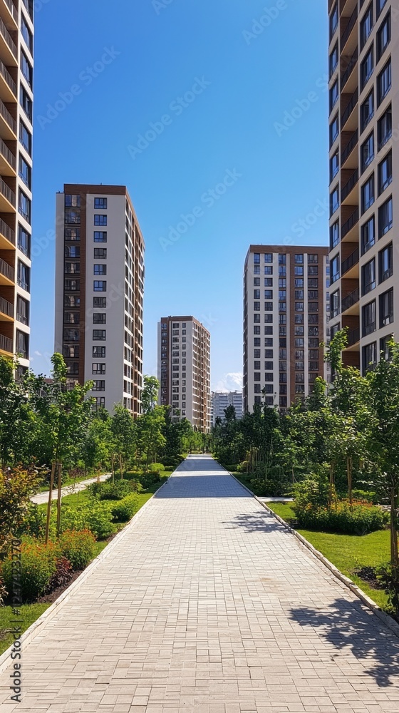 Rows of contemporary apartments line a well-maintained pathway, flanked by leafy trees and colorful gardens under a clear blue sky. A perfect day for exploring this tranquil neighborhood Rows of contemporary apartments line a well-maintained pathway, flanked by leafy trees and colorful gardens under a clear blue sky. A perfect day for exploring this tranquil neighborhood