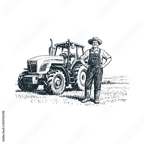 Smiling Farmer Standing Proudly in Front of His Tractor – Black and White Icon Vector and Illustration