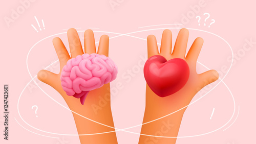 Brain and heart in hands, symbol of balance emotions and reason. Love and logic. Decision making metaphor, mental health. Self awareness, personal growth. 3D vector illustration on light background
