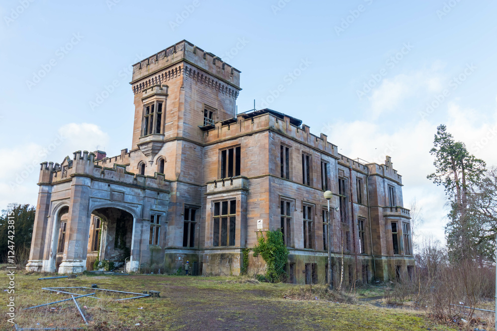 Birkwood Castle, also known as Birkwood House, an abandoned Gothic country house situated in Lesmahagow, South Lanarkshire, Scotland used as an hospital until 2005, left empty since. Birkwood Castle, also known as Birkwood House, an abandoned Gothic country house situated in Lesmahagow, South Lanarkshire, Scotland used as an hospital until 2005, left empty since.