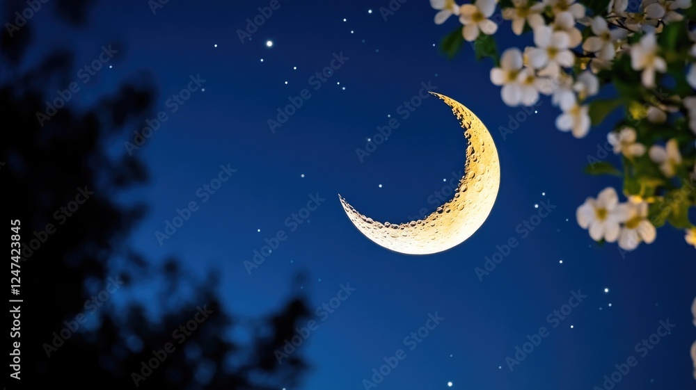 Fototapeta premium Crescent moon and stars in night sky, flowers foreground