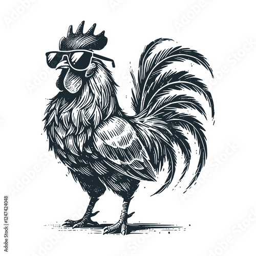 Cool Rooster Wearing Sunglasses – Black and White Icon Vector and Illustration
