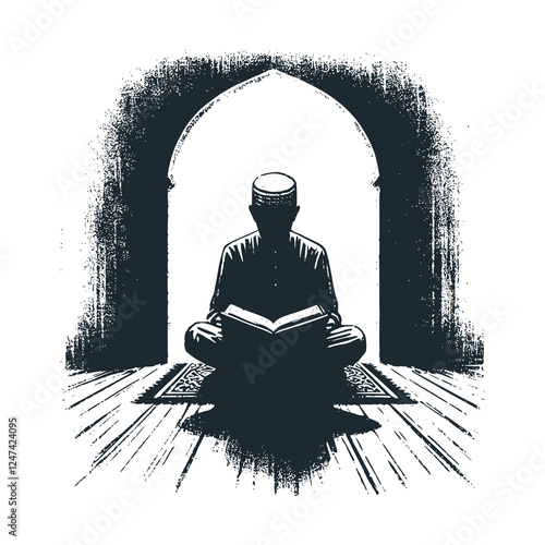 Muslim Man Reciting Quran under Mosque Mihrab – Black and White Icon Vector and Illustration