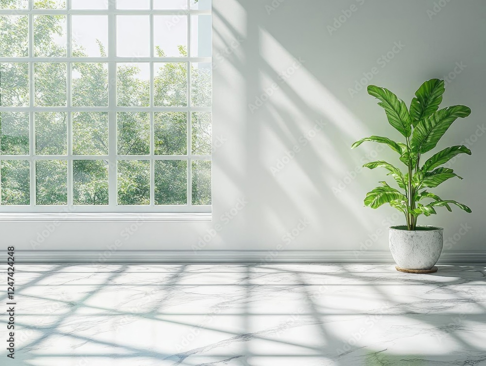 Sunlight Streams Through Window onto Marble Floor with Plant Sunlight Streams Through Window onto Marble Floor with Plant