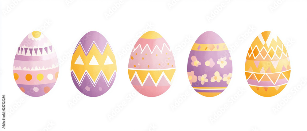 Decorative pastel Easter eggs featuring intricate purple and yellow patterns, festive springtime holiday symbols Decorative pastel Easter eggs featuring intricate purple and yellow patterns, festive springtime holiday symbols