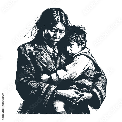 Canadian Indigenous Woman Holding Her Son – Sad Expression – Black and White Icon Vector and Illustration
