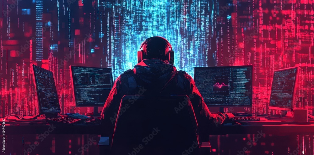 Fototapeta premium Hacker with headphones surrounded by glowing digital screens