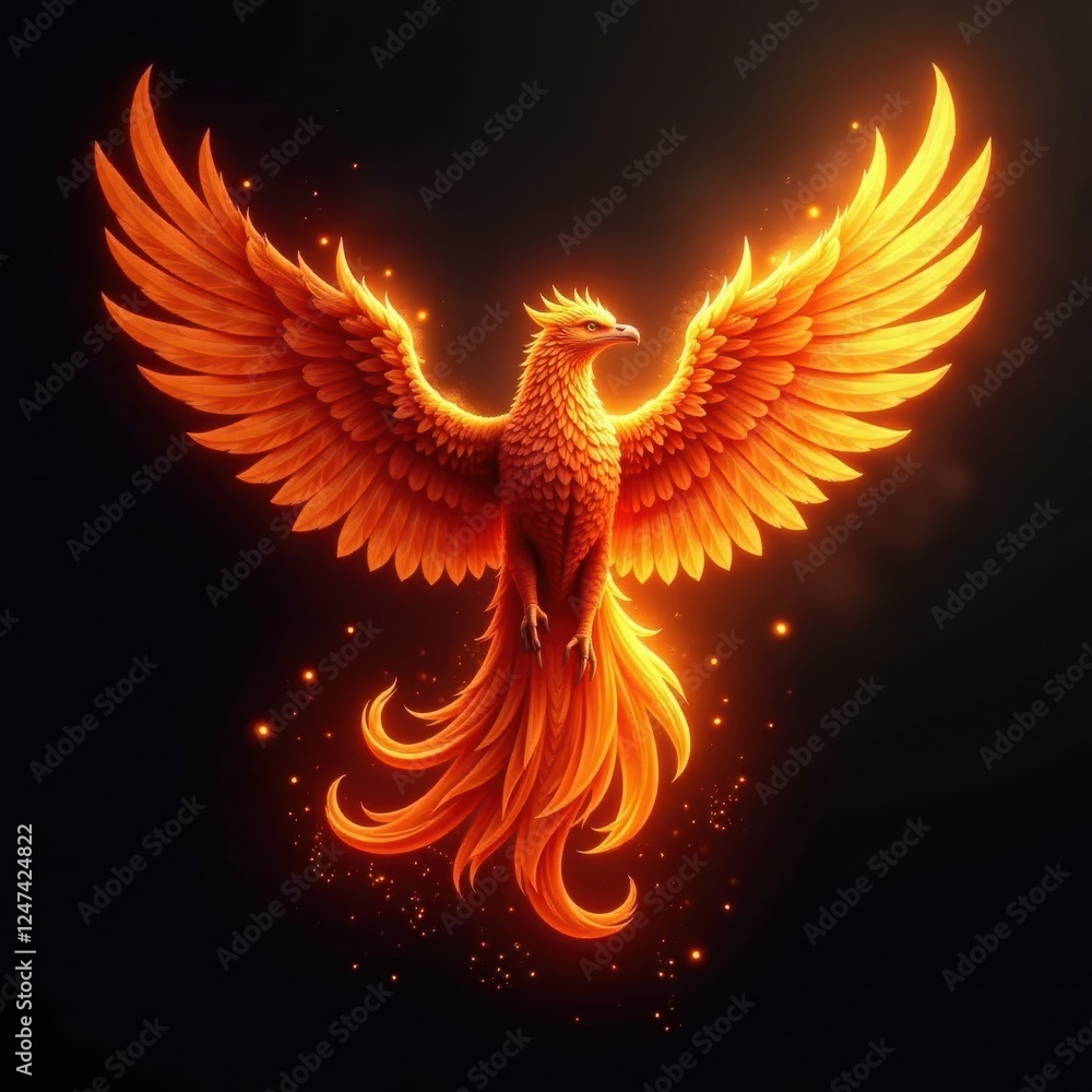 Fiery phoenix engulfed in flames, black backdrop, abstract, graphic, symbol Fiery phoenix engulfed in flames, black backdrop, abstract, graphic, symbol