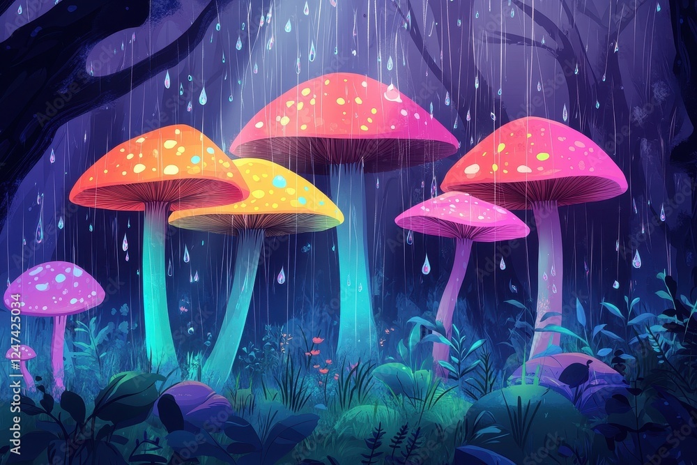 Fototapeta premium Colorful mushrooms grow in a whimsical forest during a rainstorm