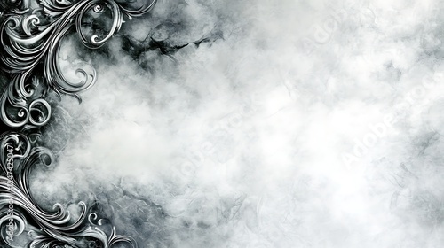 Ornate silver scrollwork against a smoky gray background