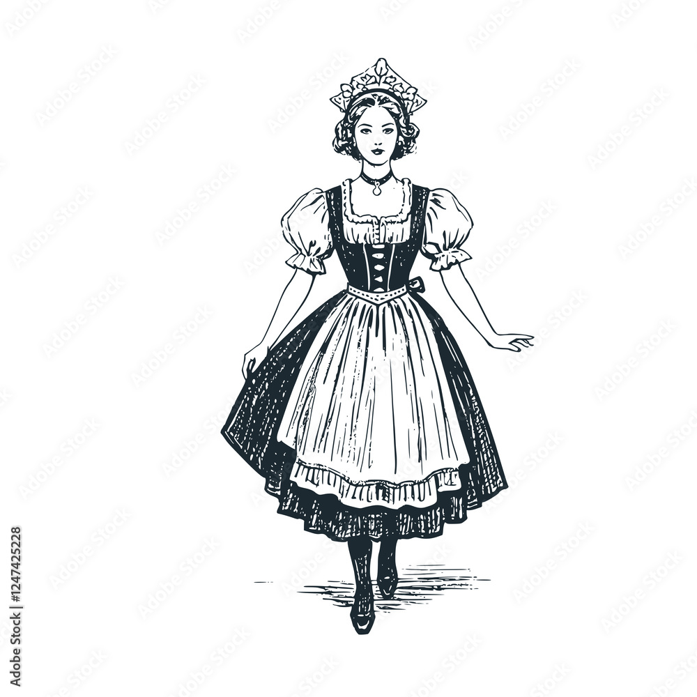Woman in Traditional Dutch Clothing – Black and White Icon Vector and Illustration Woman in Traditional Dutch Clothing – Black and White Icon Vector and Illustration