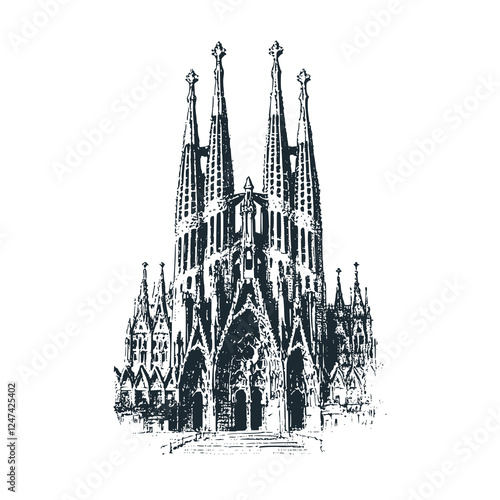 Famous Cathedral-Style European Building with Four Spires – Black and White Icon Vector and Illustration