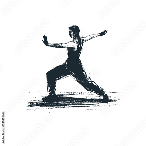 Martial Arts Woman in Action Pose – Black and White Icon Vector and Illustration