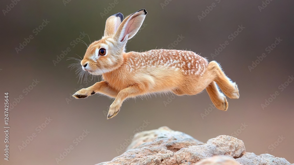 Desert hare leaping, rocky landscape background, wildlife photography