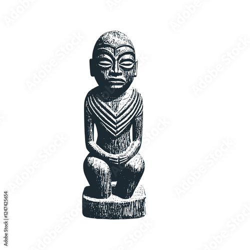 Primitive Tribal Statue of a Child Figure – Black and White Icon Vector and Illustration