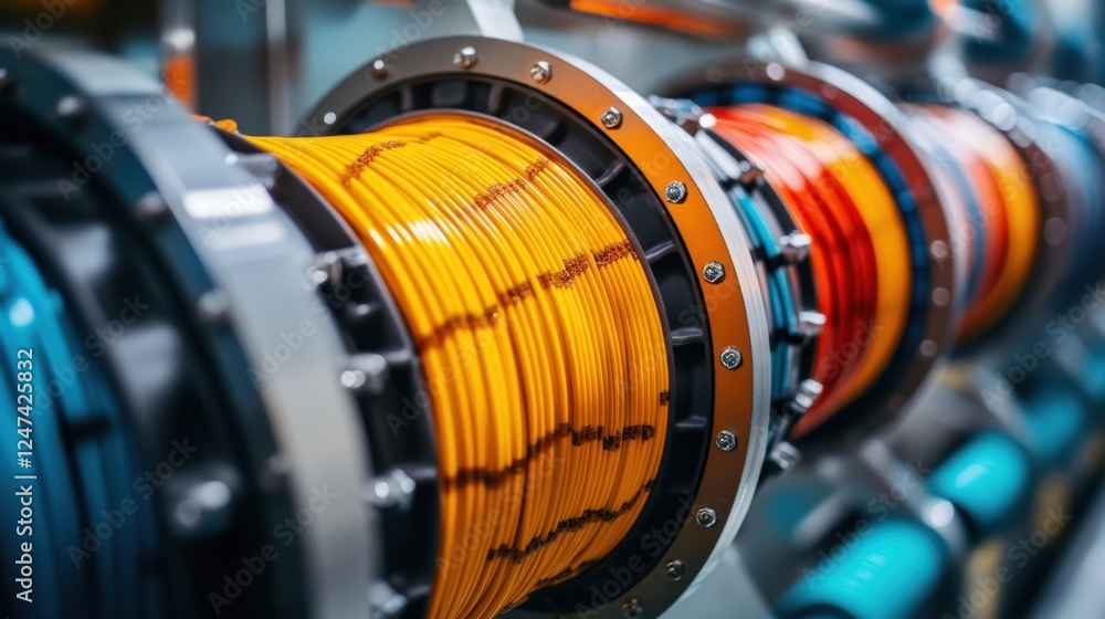 Obraz premium Detailed view of vibrant orange and blue cables coiled within industrial machinery, showcasing modern engineering and technology in a scientific setting