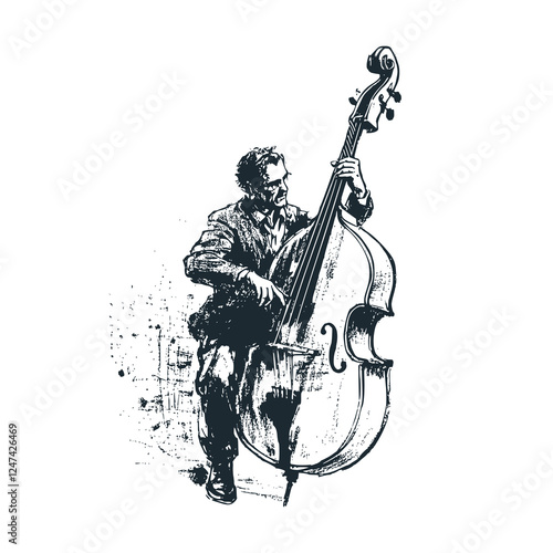 Double Bass Player Performing – Black and White Icon Vector and Illustration