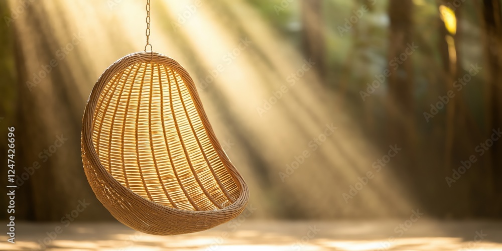 Fototapeta premium Eco-Friendly Handmade Rattan Hanging Chair for Relaxation in Serene Forest Environment