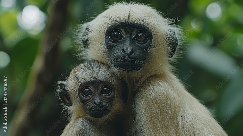 Two monkeys embracing in a lush green environment. Two monkeys embracing in a lush green environment.