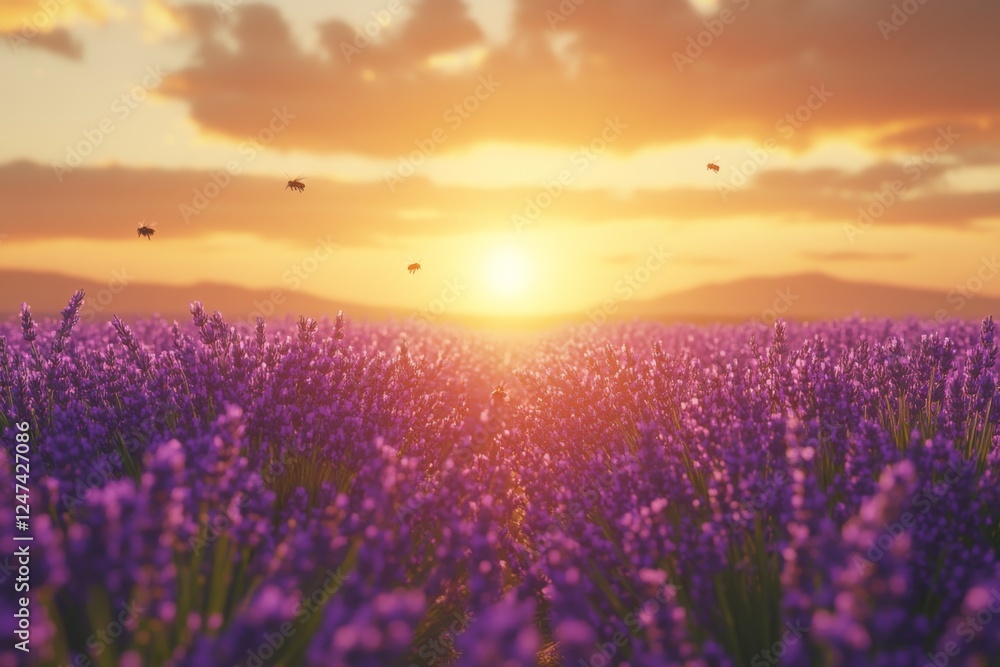 Fototapeta premium Lavender field at sunset with a colorful sky