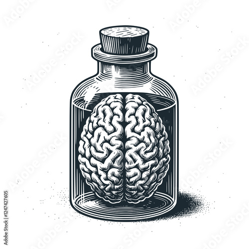 Human Brain in a Classic Glass Jar – Black and White Icon Vector and Illustration.