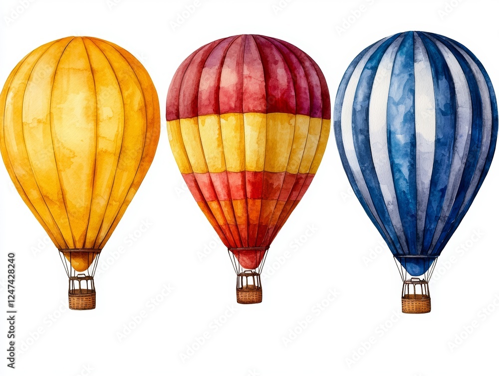 Obraz premium Vibrant Watercolor Hot Air Balloons in Shades of Yellow, Red, and Blue