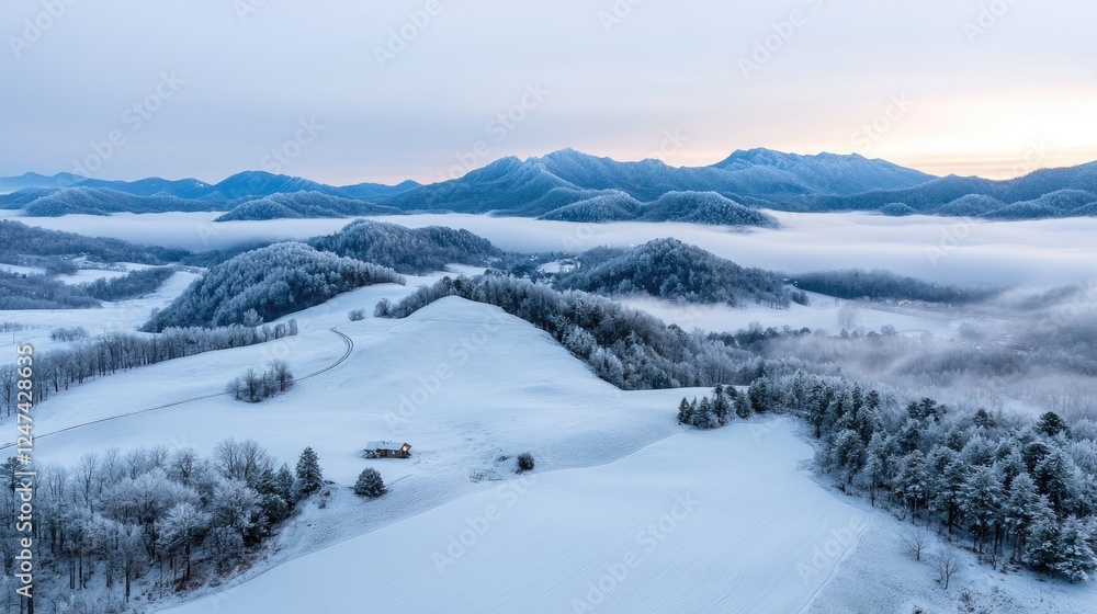 Fototapeta premium Winter sunrise over snowy mountain valley, cabin in foreground