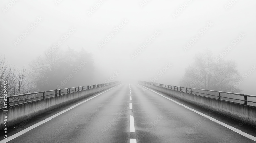 Foggy Road Stretching Into the Distance with a Mystical Atmosphere in a Monochrome Landscape Foggy Road Stretching Into the Distance with a Mystical Atmosphere in a Monochrome Landscape
