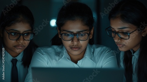 Indian young businesspeople gathered at a desk, collaborating in a group meeting, focused on a laptop screen, vibrant expressions of teamwork and professionalism in a modern office setting