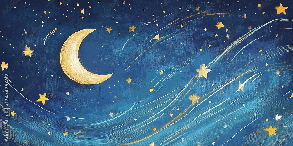 Naklejka premium Whimsical crescent moon shines brightly amid golden stars in sky