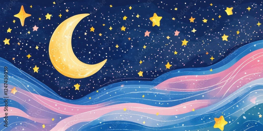 Naklejka premium Illustration depicts crescent moon stars and pastel colored waves