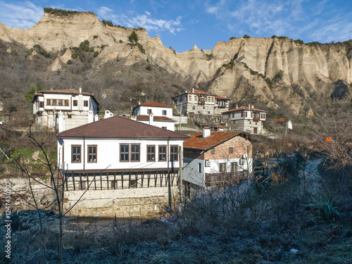 Typical street and old houses at town of Melnik,  Bulgaria photo