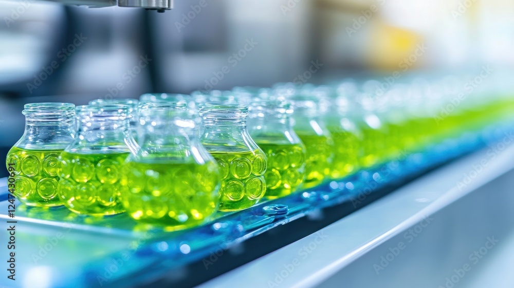 Production Line of Transparent Bottles Filled with Green Liquid in a Modern Manufacturing Facility