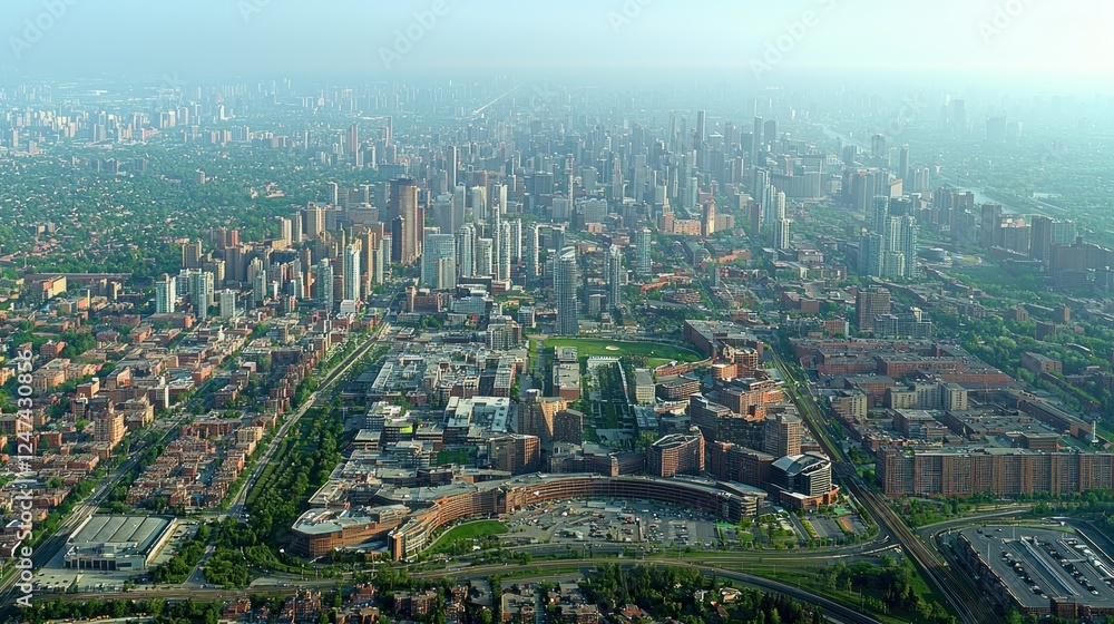 Obraz premium Aerial view Cityscape, urban sprawl, hazy morning, campus in foreground