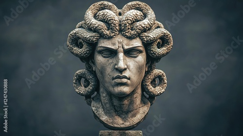 Intricate stone-carved Medusa head, showcasing realistic textures, detailed facial features, and serpent hair, blending timeless Greek mythology with advanced creative technology