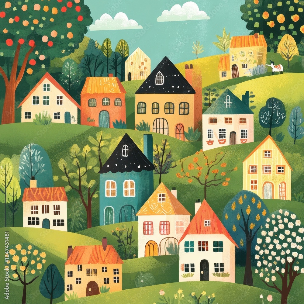 Colorful houses dot a green hillside under a bright sky Colorful houses dot a green hillside under a bright sky