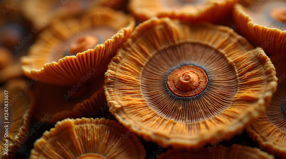 Abstract Close-Up of Dried Mushroom Caps: Golden Brown Fungi Texture, Detailed Macro Photography, Natural Organic Food, Spiral Pattern, Earthy Tones Abstract Close-Up of Dried Mushroom Caps: Golden Brown Fungi Texture, Detailed Macro Photography, Natural Organic Food, Spiral Pattern, Earthy Tones