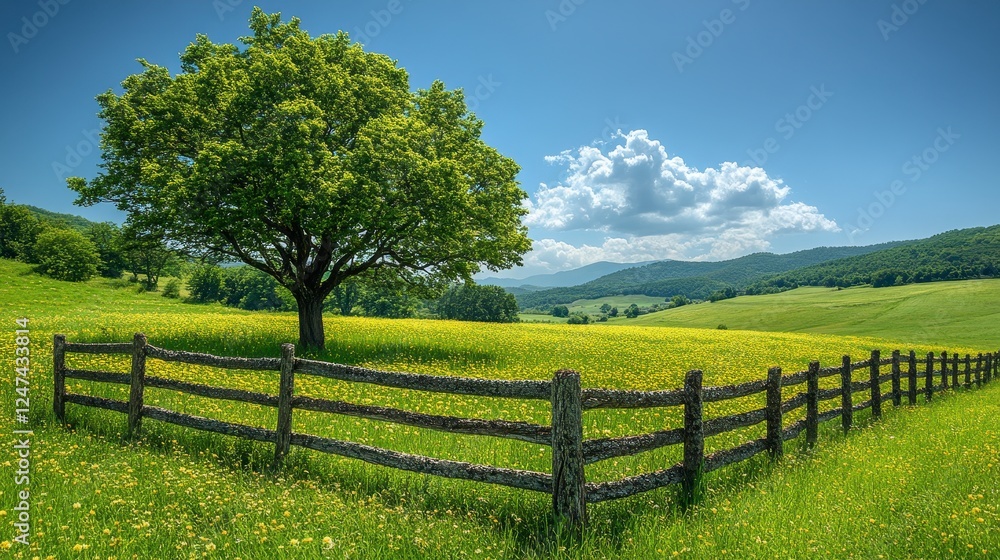 Sunny Meadow with Tree and Fence; Rural Landscape; Ideal for Peaceful Scene Sunny Meadow with Tree and Fence; Rural Landscape; Ideal for Peaceful Scene