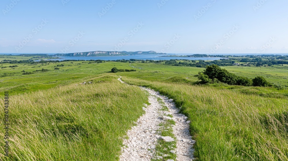 Hilltop path leads to scenic coastal view, summer day Hilltop path leads to scenic coastal view, summer day