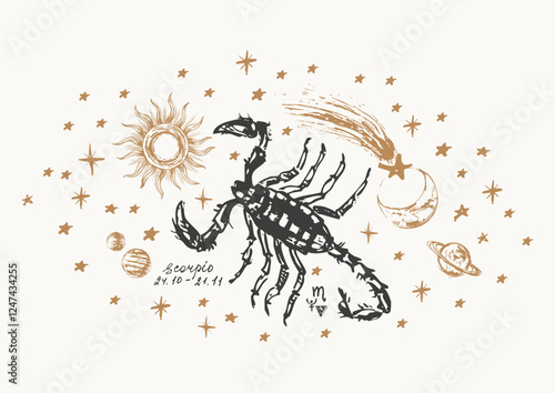 Hand drawn scorpio zodiac sign illustration, horoscope background