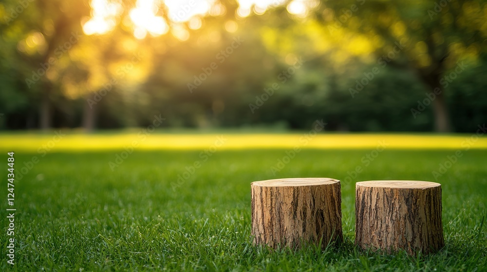 Natural wooden stumps resting on vibrant green grass, blurred park background showcasing lush trees and serene ambiance Natural wooden stumps resting on vibrant green grass, blurred park background showcasing lush trees and serene ambiance