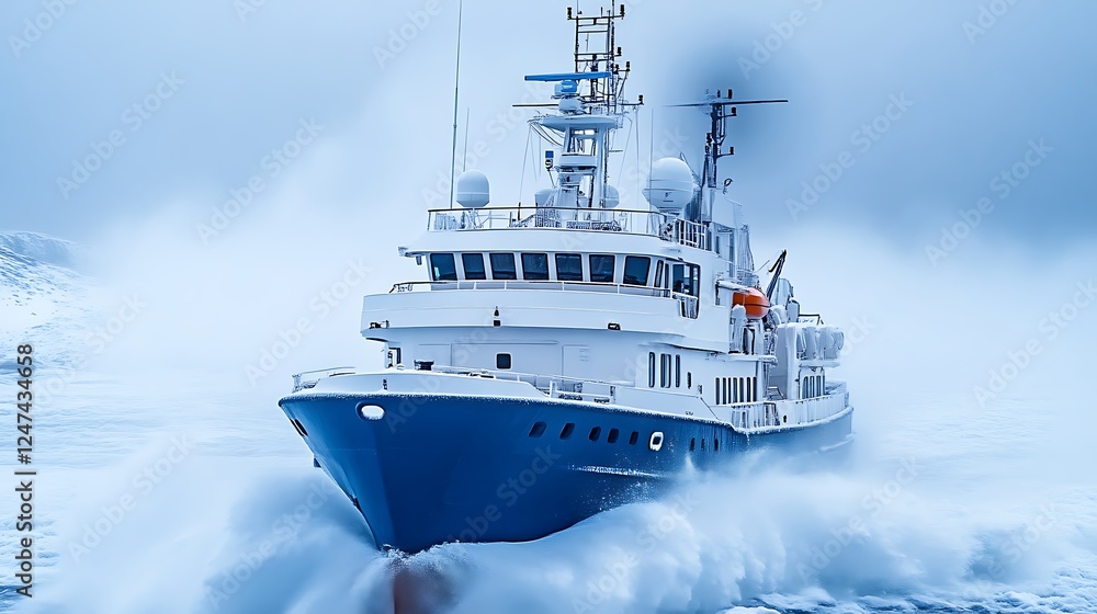 Naklejka premium Blue research vessel navigating icy waters