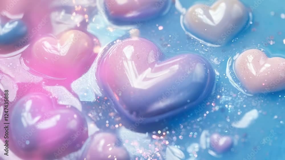 Captivating Colorful Hearts in Glossy Liquid Background Captivating Colorful Hearts in Glossy Liquid Background